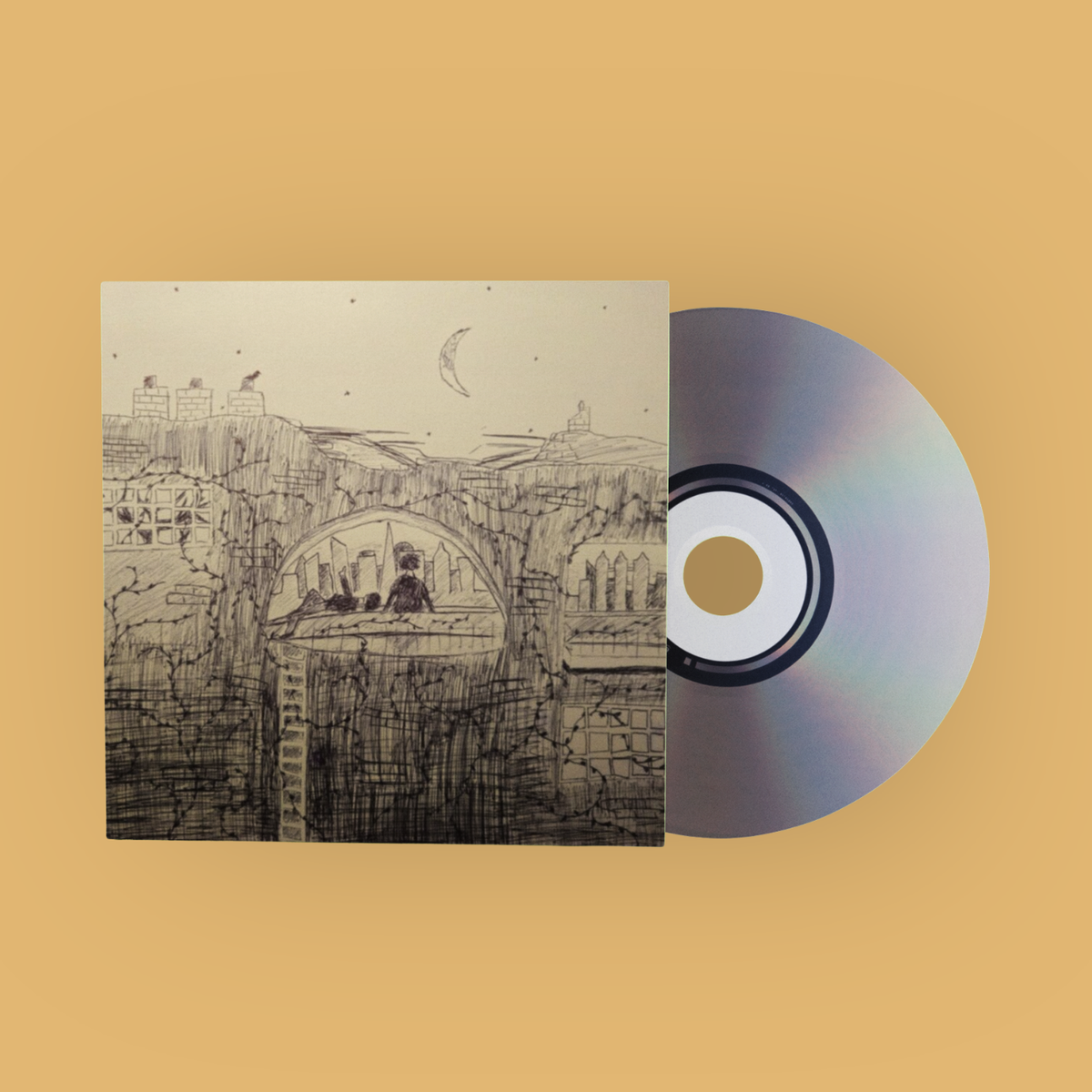 A CD album with a square illustrated sleeve and a partially slid-out silver CD, shown on a warm beige background. The sleeve features a black line drawing of a cityscape with an arch, moon, and small figures.