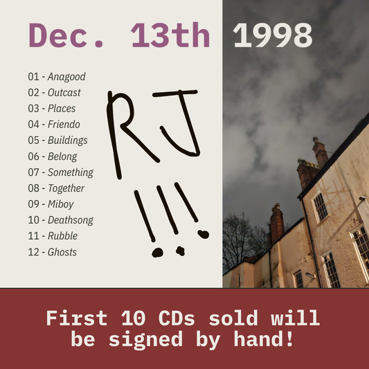 CD single cover artwork for 'Dec. 13th 1998' by RJ, featuring a tracklist on a cream background, a large hand-drawn 'RJ' and '!!!' in black, a moody building photograph on the right, and a dark red banner at the bottom with text about signed CDs.