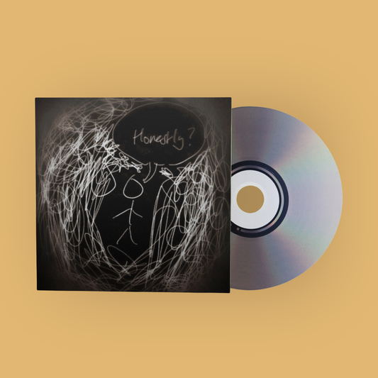 A CD album with a black cover featuring white scribbled artwork and the title 'Honestly?' next to a silver reflective CD, set against a solid warm beige background.