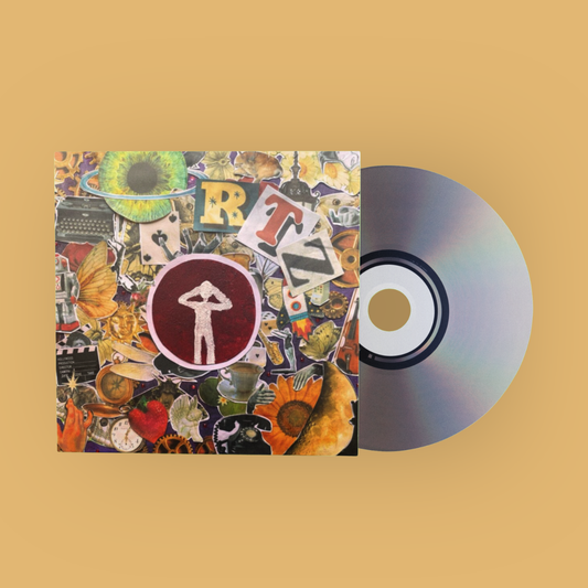 A square collage-style album cover with a matching CD partially visible behind it, set against a solid warm tan background. The cover features a busy multicolor collage with a central burgundy circle containing a white human figure silhouette.