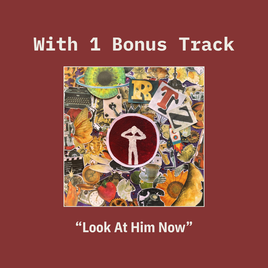 Album cover art for 'Return To Zero' by Ricky Jamaraz featuring a collage of stickers and graphic elements in the center, with the text 'With 1 Bonus Track' at the top and the title 'Look At Him Now' at the bottom, all on a solid dark red background.