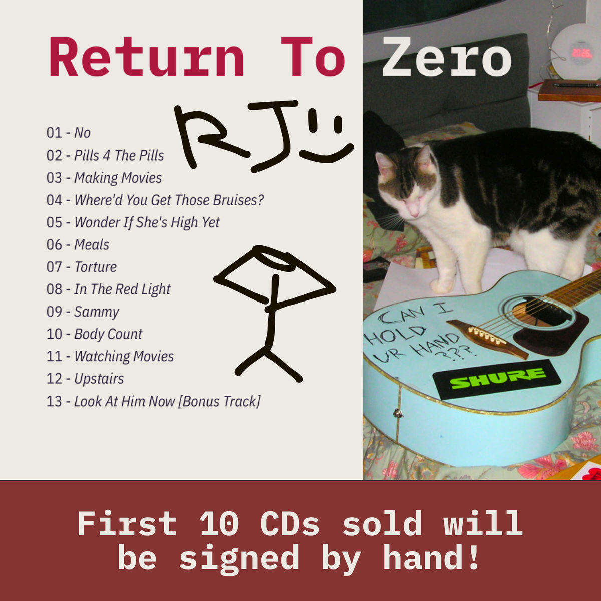 Promotional graphic for a music CD titled 'Return To Zero' by Ricky Jamaraz featuring a tracklist, a hand-drawn stick figure logo, and a photo of Ricky's cat Zoomer standing on a blue acoustic guitar.