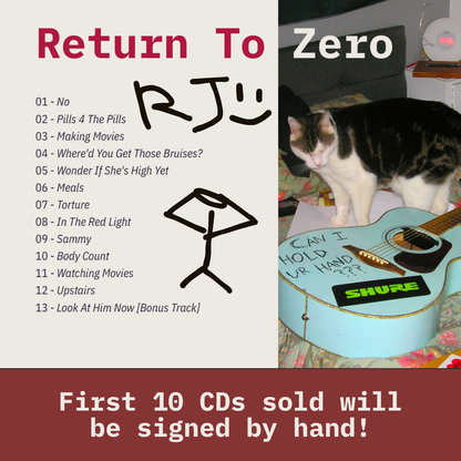 Promotional graphic for a music CD titled 'Return To Zero' by Ricky Jamaraz featuring a tracklist, a hand-drawn stick figure logo, and a photo of Ricky's cat Zoomer standing on a blue acoustic guitar.